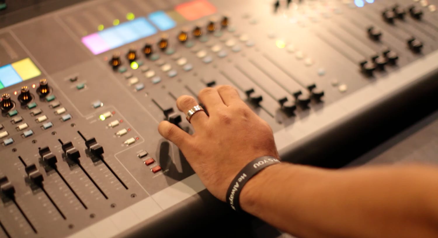 A broadcast television control room during a live production.