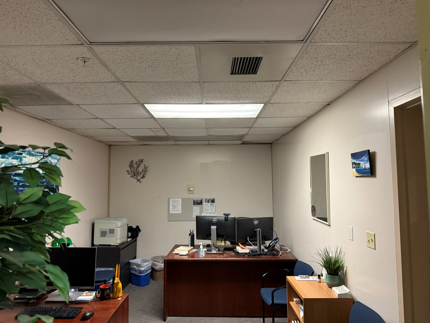 A wide photo of a plain workplace office: a fluorescent ceiling panel, bare beige walls, and a desk with two monitors against the back wall.